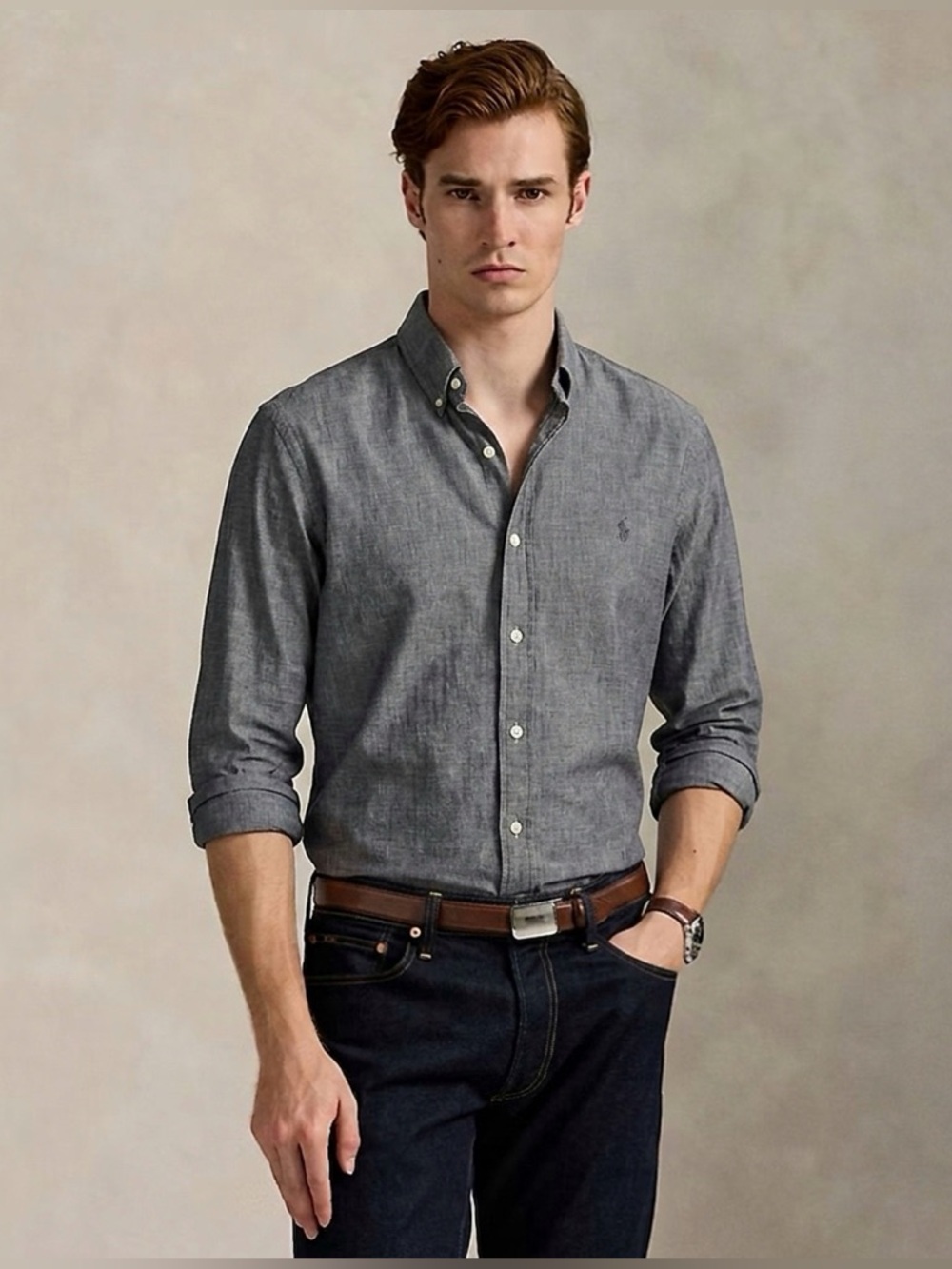 125 RALPH LAUREN Men's Slim Fit Stretch Poplin Shirt - Grey, Large